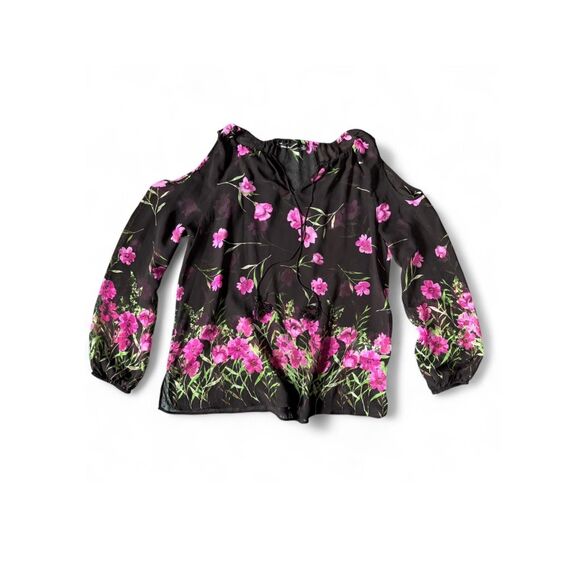 dennis basso Tops - Early 2000s Dennis by Dennis Basso Black Sheer Floral Tassel Peasant Top size M